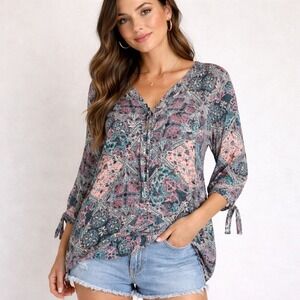 Daytrip Women's Size Medium Boho Print Tunic Top with Tie Sleeves